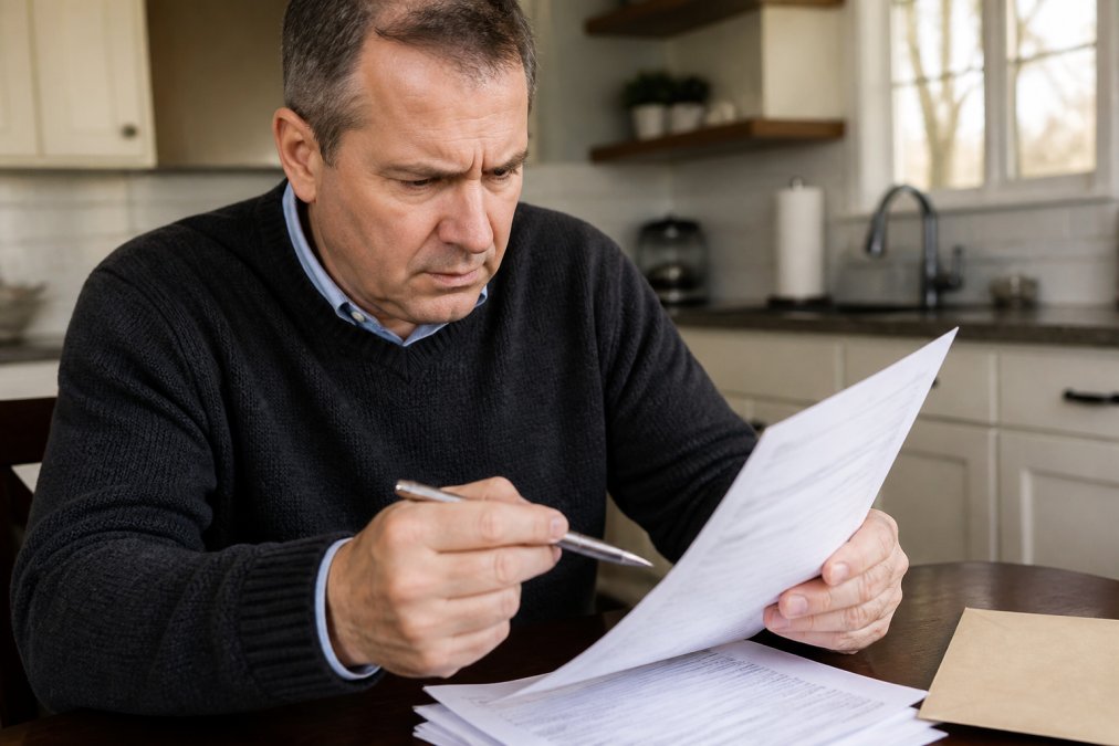 Close-up of a homeowner carefully reviewing a paving estimate document with a concerned expression, pointing at unclear pricing details and unclear line items on the contract with a pen