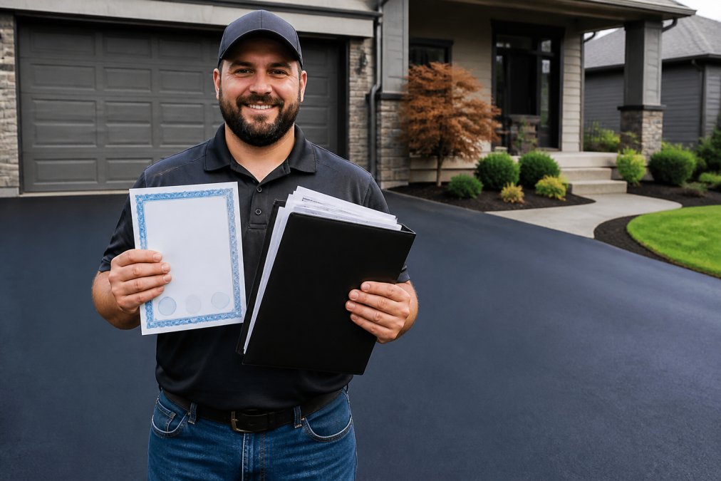 Professional contractor in work attire confidently holding up a licensing certificate and insurance documentation folder, standing in front of a completed, professionally finished asphalt driveway with clean lines and proper seal coating