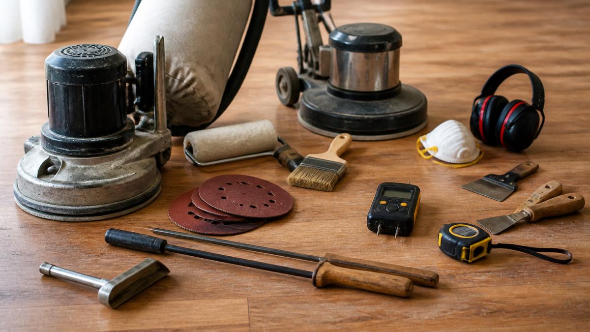Professional tools for hardwood flooring installation, including sanders, moisture meters, and safety equipment.