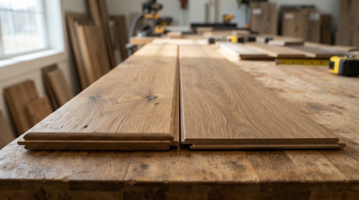 Close-up of hardwood plank showing natural grain detail and warm finish, with luxury vinyl plank beside it for visual texture comparison