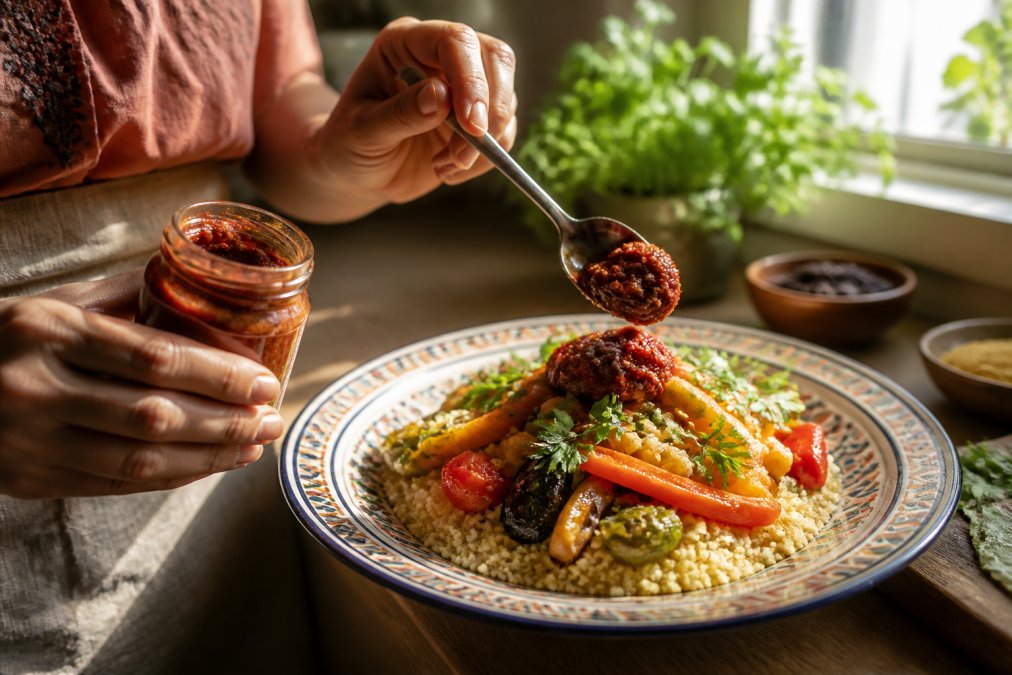 A hand spooning artisanal harissa paste from a glass jar onto a plate of couscous with grilled vegetables and herbs, with warm afternoon light streaming through a kitchen window