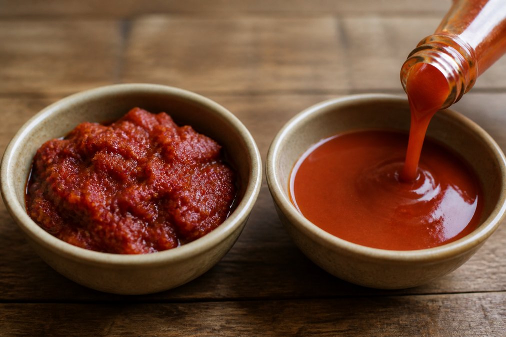 Deux bols en céramique côte à côte sur une table en bois. Dans le premier, une harissa artisanale épaisse et granuleuse avec des morceaux de piments visibles. Dans le second, une sauce piquante industrielle lisse et liquide versée depuis une bouteille en verre. Lumière naturelle tamisée.