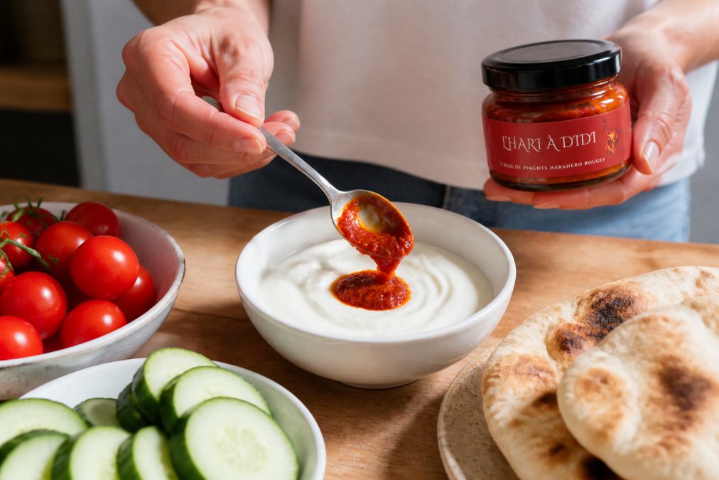 Mains versant délicatement une petite cuillère de pâte harissa rouge dans un bol de yaourt blanc lisse, avec des tomates cerises fraîches, un concombre tranché et du pain pita chaud à proximité sur une table de cuisine baignée de lumière naturelle du midi