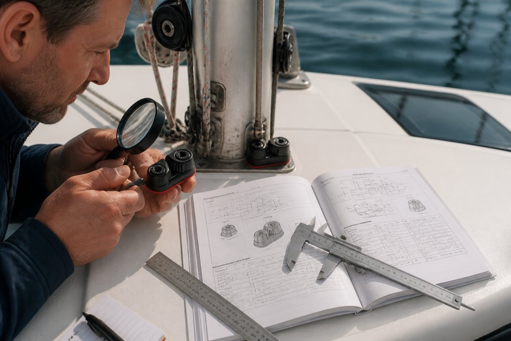 Boat owner examining Harken rigging hardware on mast, checking serial numbers and specifications against technical manual with magnifying glass and measuring tools