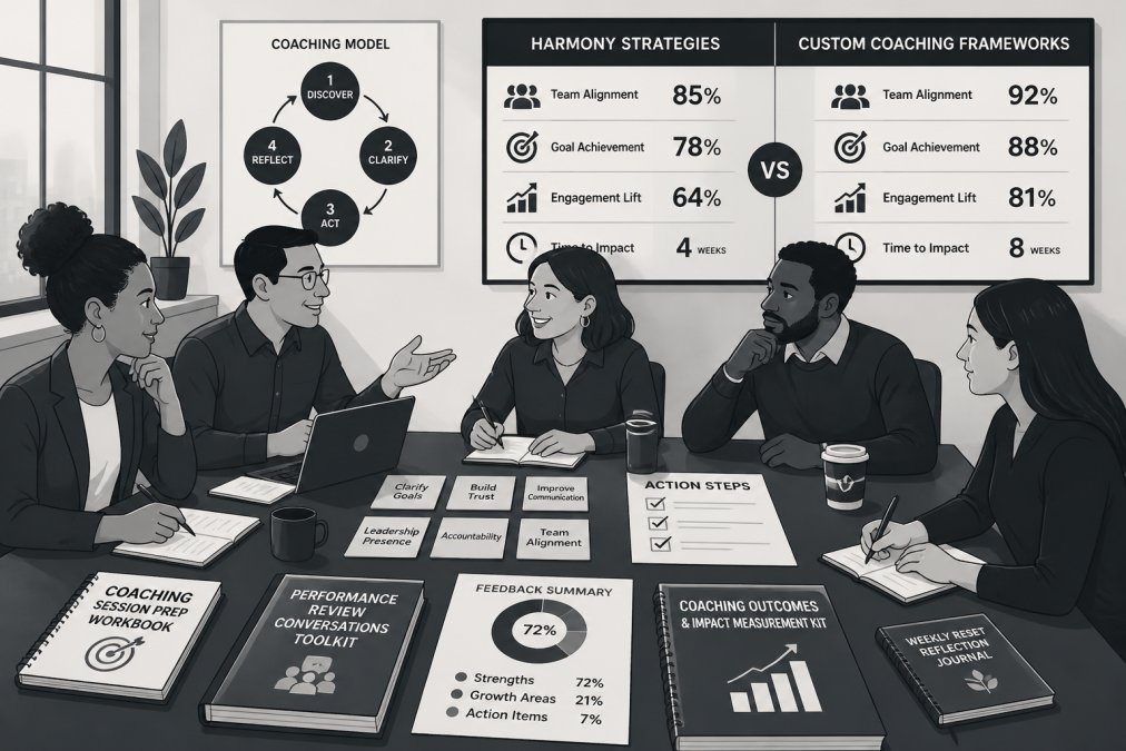 Professional illustration showing harmony strategies vs custom coaching frameworks
