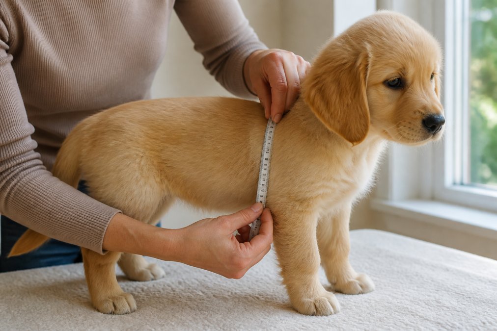 Close-up of hands measuring a puppy's chest with a soft measuring tape, showing proper positioning just behind the front legs with gentle tension, natural daylight from a window