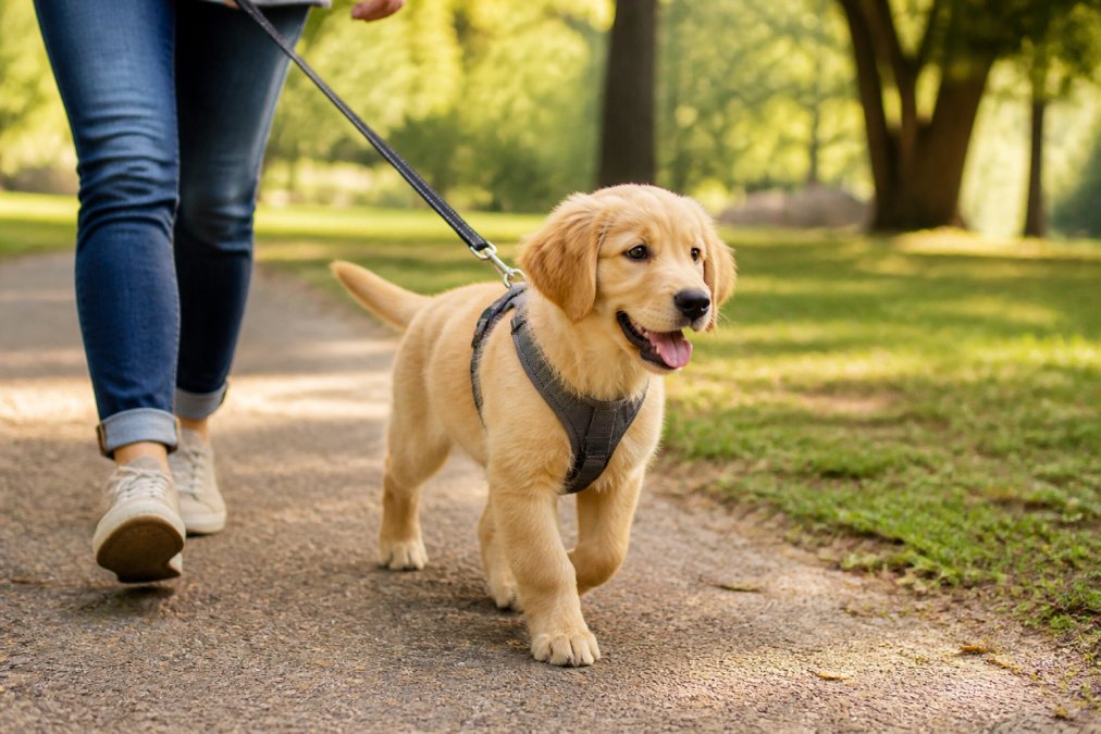 Young golden retriever puppy wearing a properly fitted harness during a leash walk in a sunny park, demonstrating correct fit and comfortable stride with natural outdoor lighting