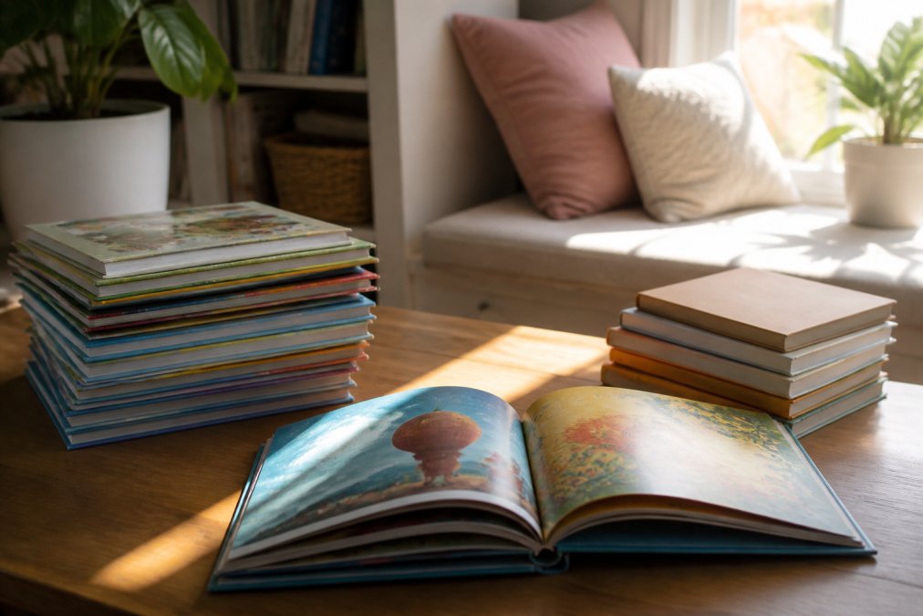 A cozy, bright children's reading nook with a stack of colorful picture books on a wooden table, one book open showing vibrant illustrations, soft morning light streaming through a nearby window