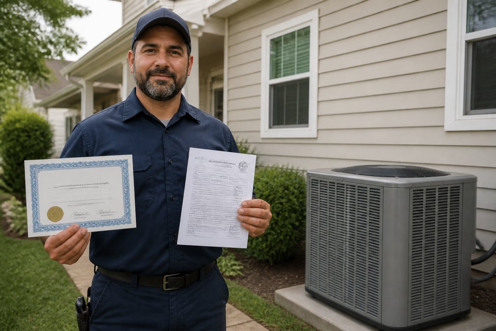 Licensed HVAC technician in uniform displaying state certification and bonding documents while standing confidently in front of a residential home with visible HVAC unit