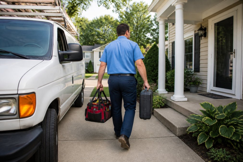 HVAC service truck parked in residential driveway during daytime with uniformed technician carrying diagnostic tools and equipment bag approaching the front door