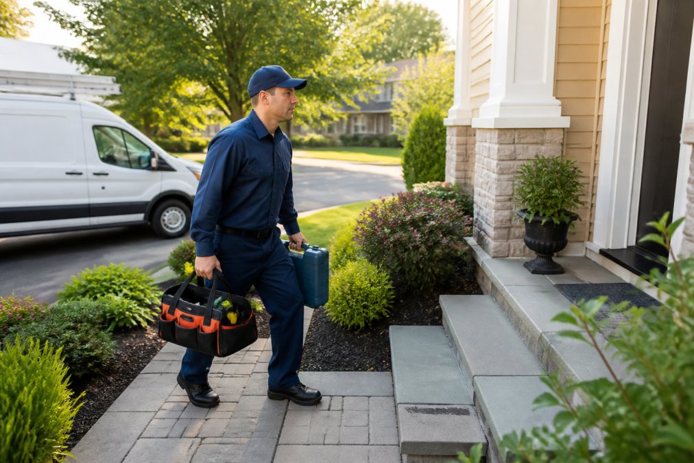Professional plumber in uniform stepping out of service van with toolkit and diagnostic equipment, approaching residential home entrance on a sunny morning
