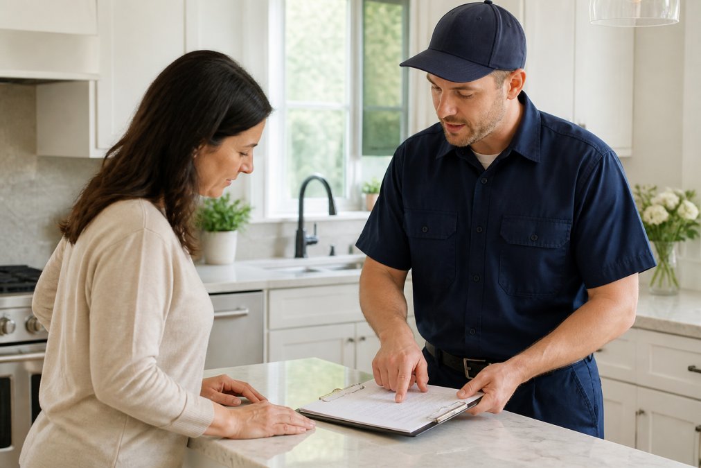 Homeowner in kitchen speaking with licensed plumber in work uniform, reviewing estimate paperwork and discussing plumbing project on kitchen counter with natural light