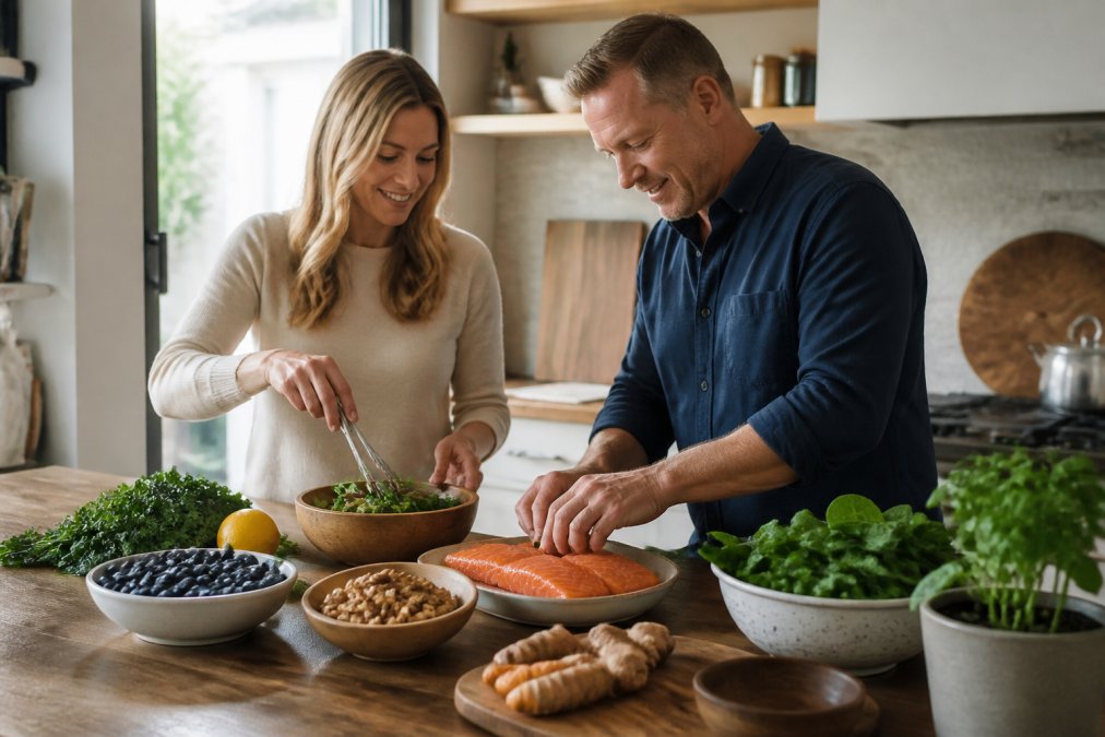 A colorful spread of anti-inflammatory foods on a wooden table: wild-caught salmon, leafy greens, blueberries, turmeric root, and walnuts, shot in natural light