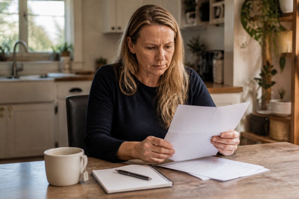 A woman in her forties sitting at a kitchen table reviewing printed lab results with a concerned expression, a cup of tea and a notebook beside her, soft morning light through a window