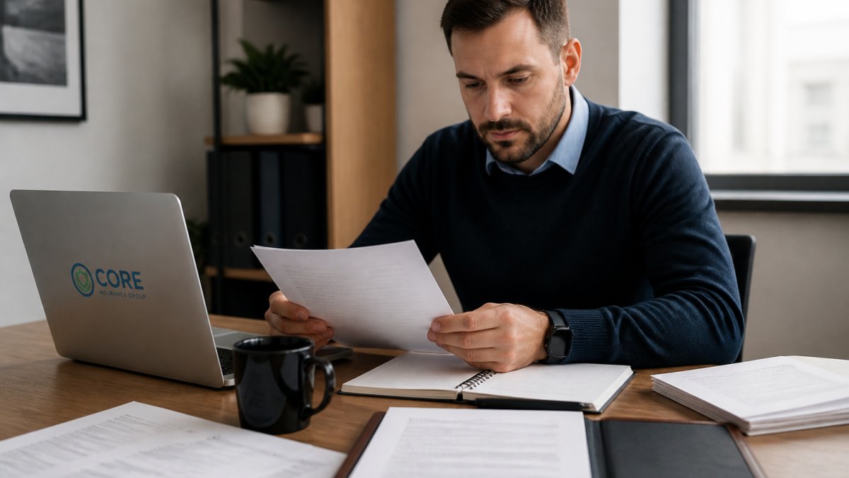 IT consultant reviewing paperwork and laptop for bonding for IT consulting at an organized desk