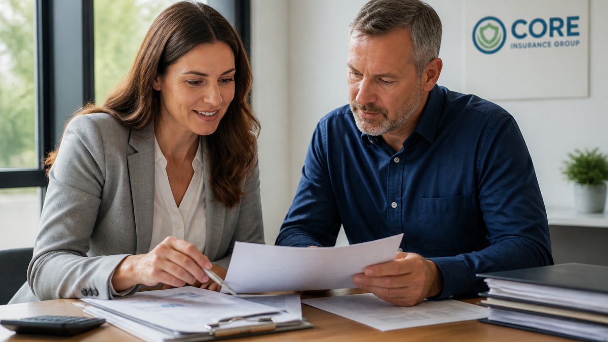 A small business owner and an insurance agent reviewing bond documents and account records at a desk in a bright office