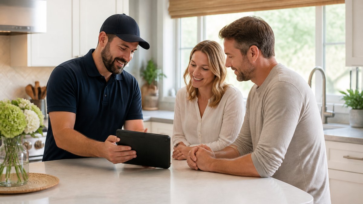 Professional uniformed technician meeting with homeowners in a residential kitchen, reviewing digital tablet with service notes and maintenance schedule, natural morning light from windows