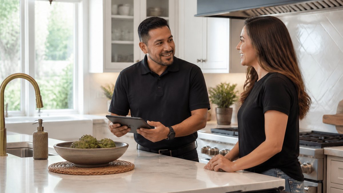 Professional uniformed home service technician meeting with homeowner in a bright, modern kitchen to discuss maintenance and seasonal tune-ups