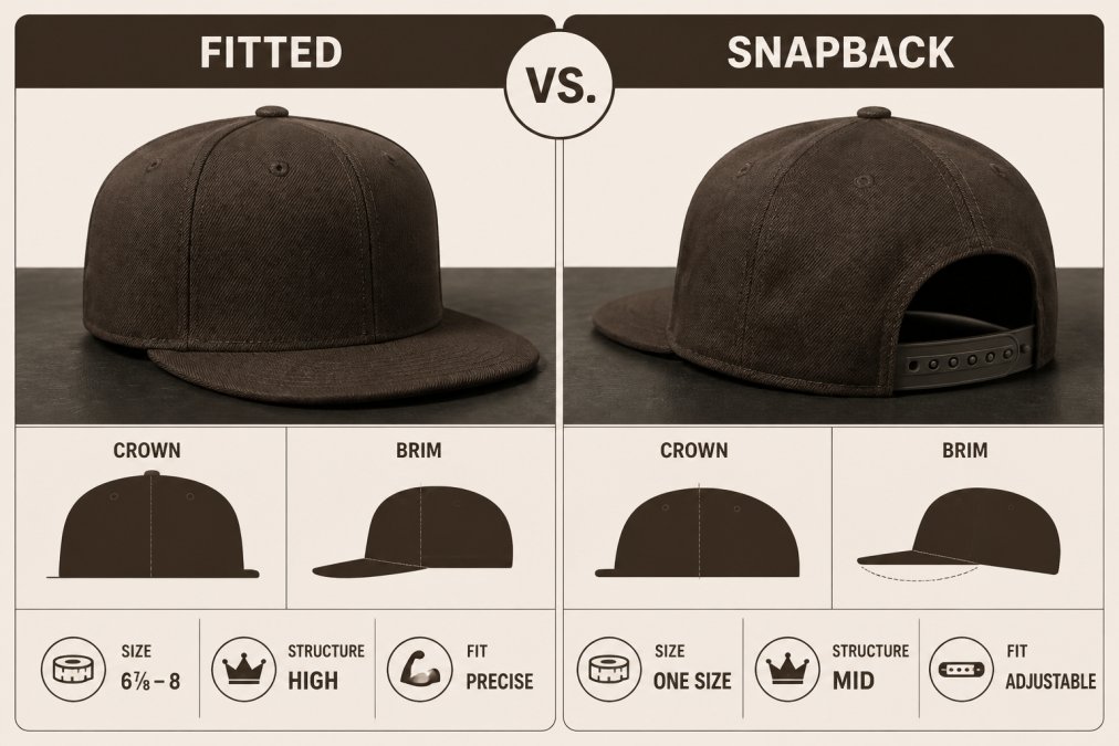 Close-up of a structured fitted baseball cap with flat brim and a snapback cap with adjustable closure mechanism displayed side-by-side on dark surface, showing crown structure and brim curvature differences in natural lighting