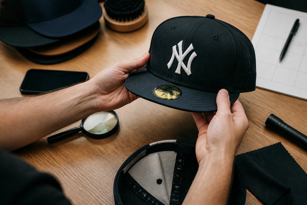 Close-up of hands holding an authentic New Era fitted cap, examining the embroidered Yankees logo, stitching precision, and interior tag details with natural overhead lighting