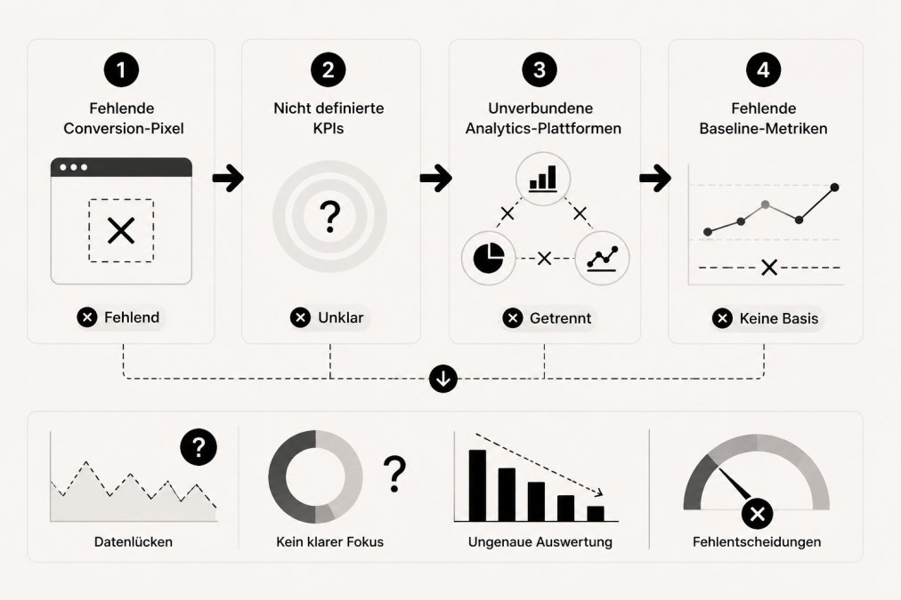 Flowchart zeigt häufige Tracking-Fehler: fehlende Conversion-Pixel, nicht definierte KPIs, unverbundene Analytics-Plattformen, fehlende Baseline-Metriken
