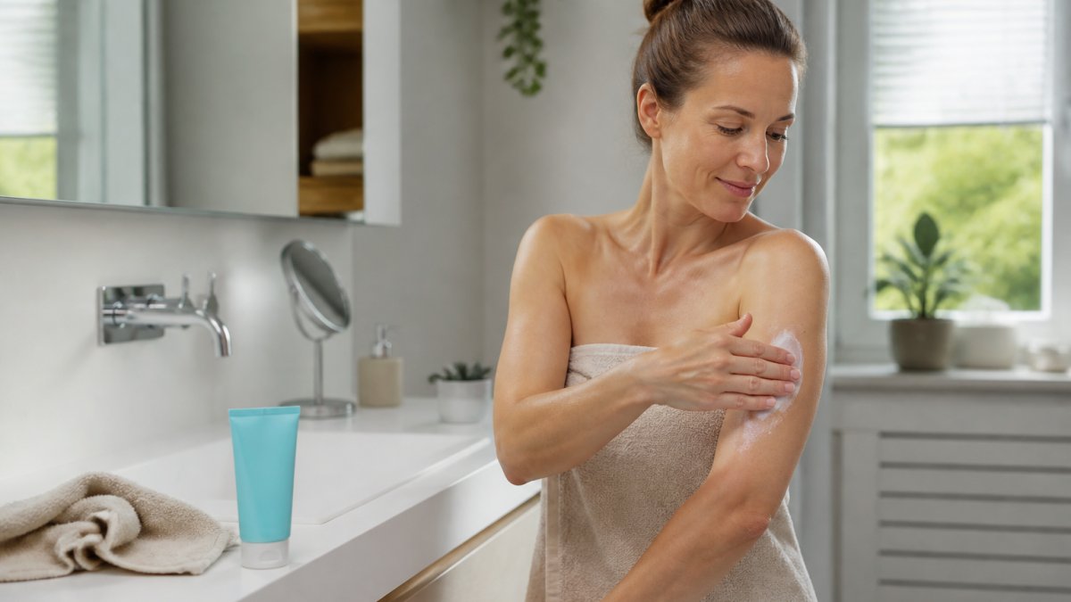 Eine Frau Mitte 30 trägt in einem hellen Badezimmer eine After-Sun-Lotion auf ihren Oberarm auf, Tube und Handtuch auf dem Waschbeckenrand, weiches Tageslicht