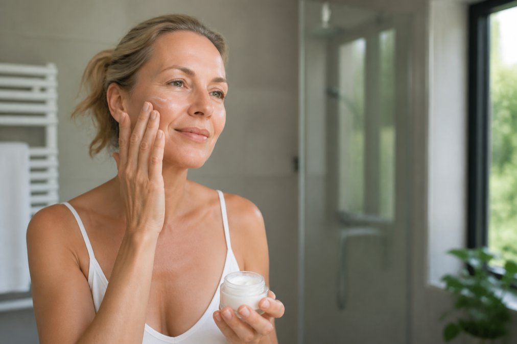 Frau in ihren 40ern trägt sanft eine feuchtigkeitsspendende Creme auf ihr Gesicht auf, natürliches Licht von einem Fenster, entspannte Atmosphäre im Badezimmer