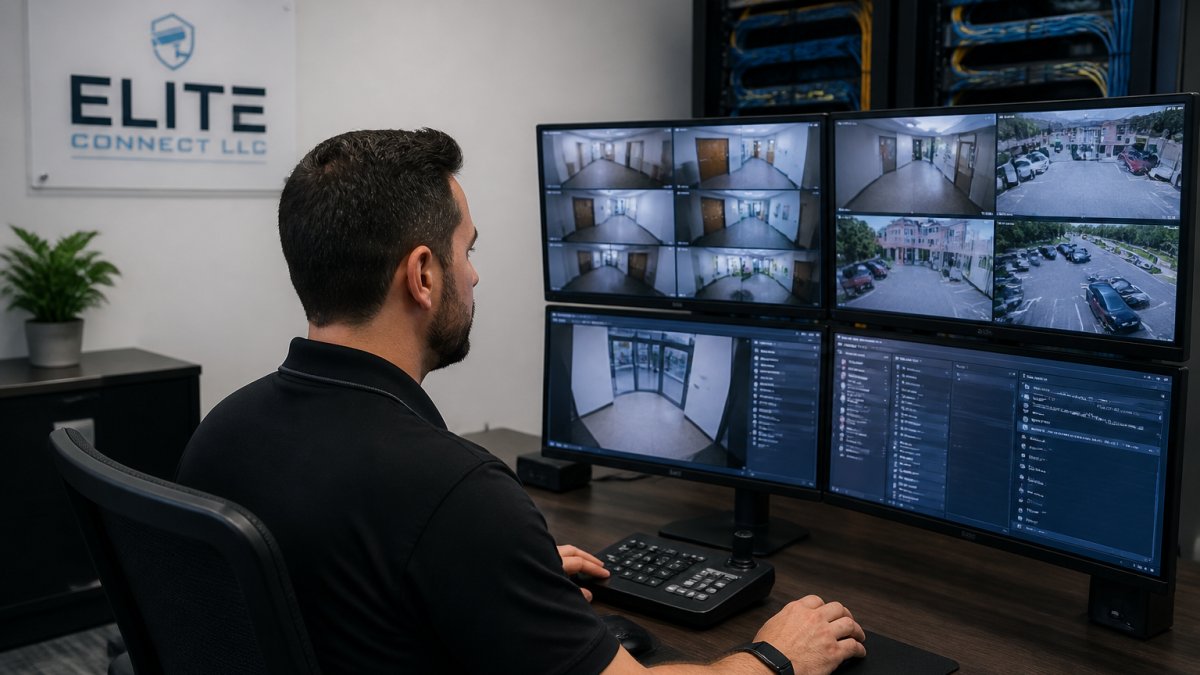 Security professional monitoring multi-screen access control feeds as a hawk security alternative system.