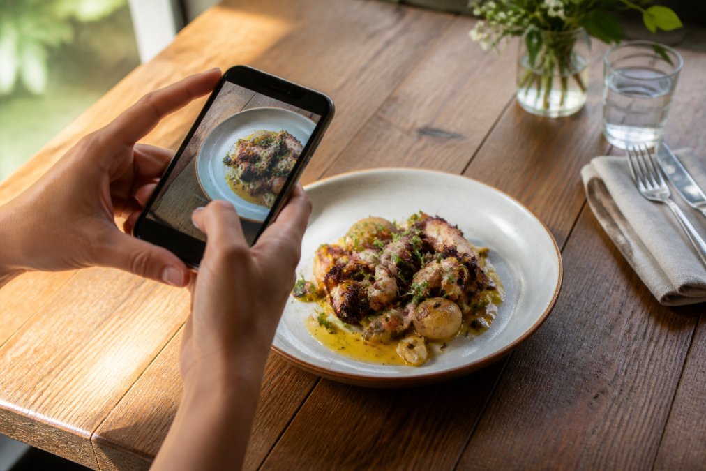 Plato de comida bellamente presentado siendo fotografiado con un smartphone sobre una superficie de madera, con luz natural lateral que resalta los colores y texturas del plato