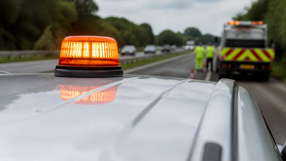 Hazard Lighting on Utility Vehicles: Legal Requirements Close-up of an amber flashing beacon mounted on the roof of a utility vehicle, showing the beacon's illumination and positioning during daylight on a motorway hard shoulder