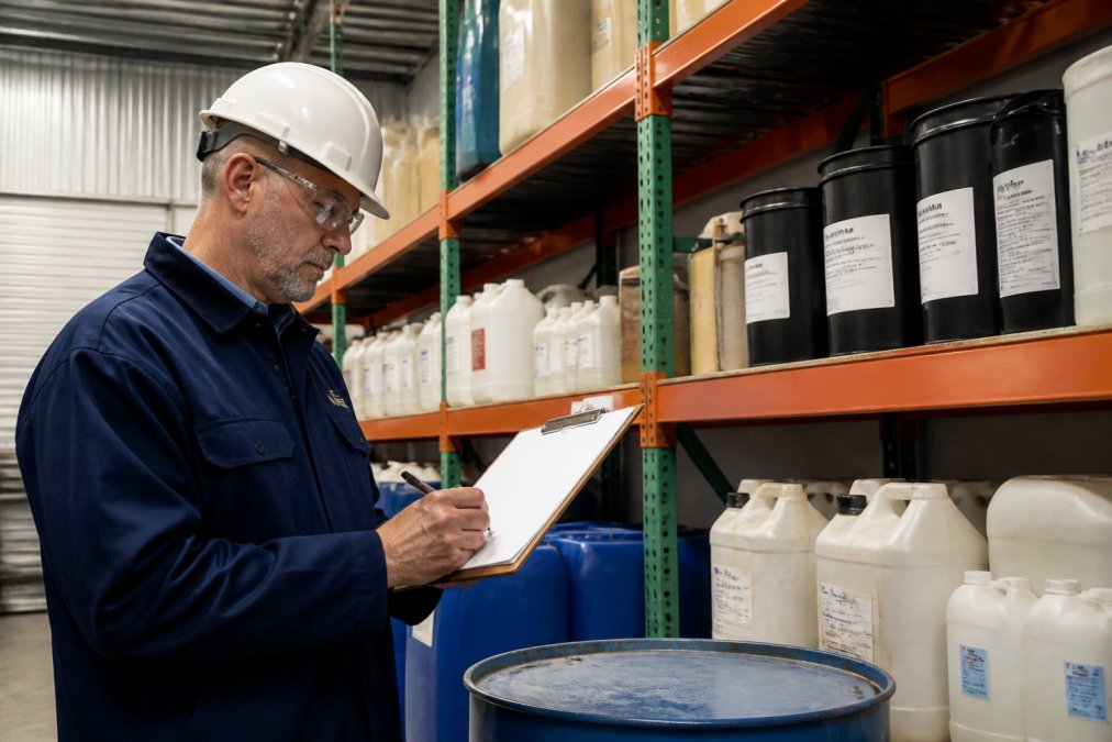 Safety manager reviewing chemical storage areas and inventory records in an industrial facility warehouse with organized shelves and labeled containers
