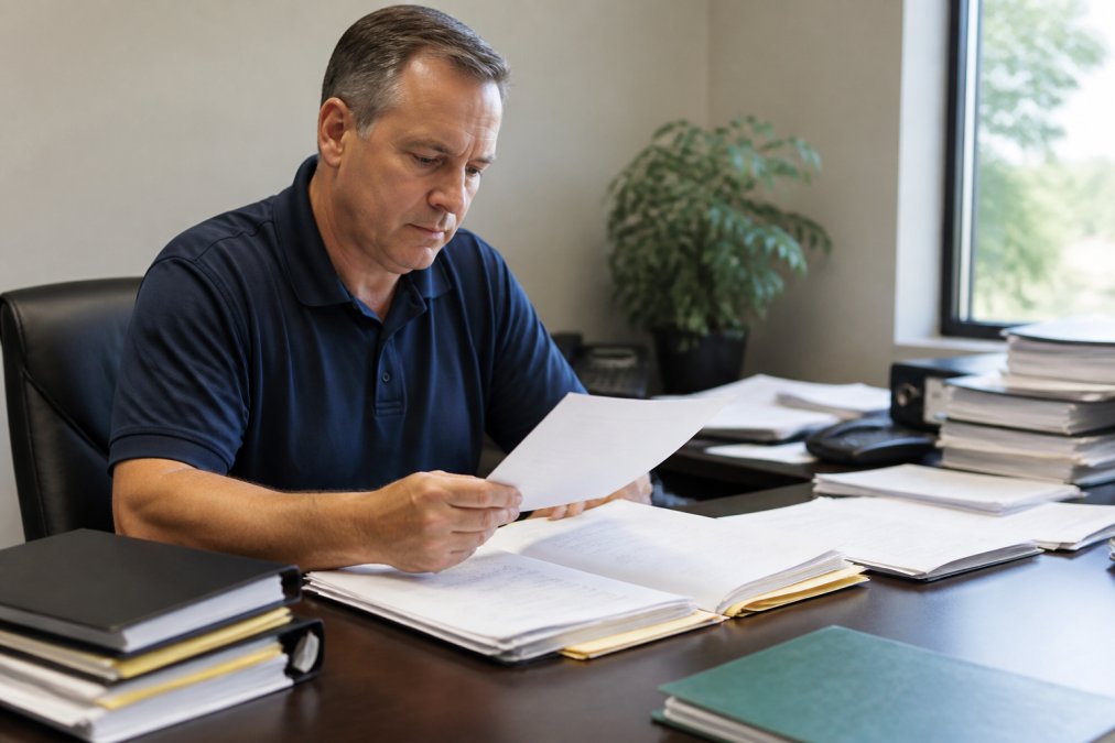 Safety manager at desk reviewing EPA compliance forms and hazardous waste documentation on computer screen, natural office lighting