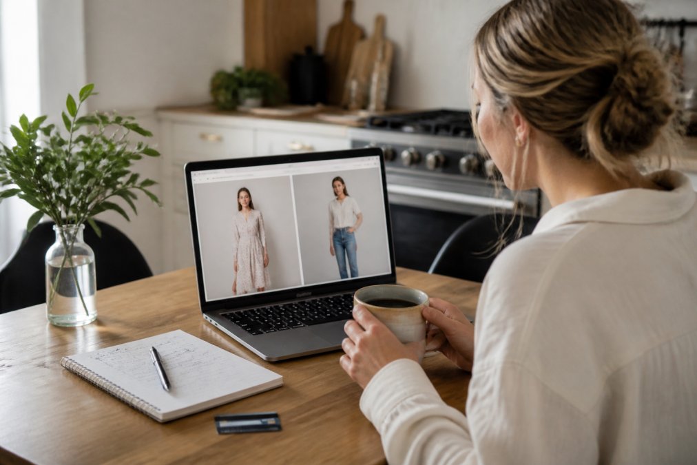 A woman in her late 20s sitting at a bright kitchen table with a laptop open to two online boutique tabs, a notepad with sizing notes, and a credit card beside a coffee mug