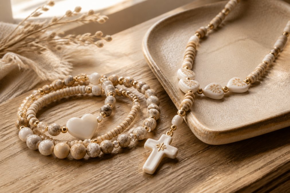 Close-up of artisanal handcrafted jewelry pieces displayed on a natural wooden surface with soft natural window lighting, showing intricate beading details and craftsmanship