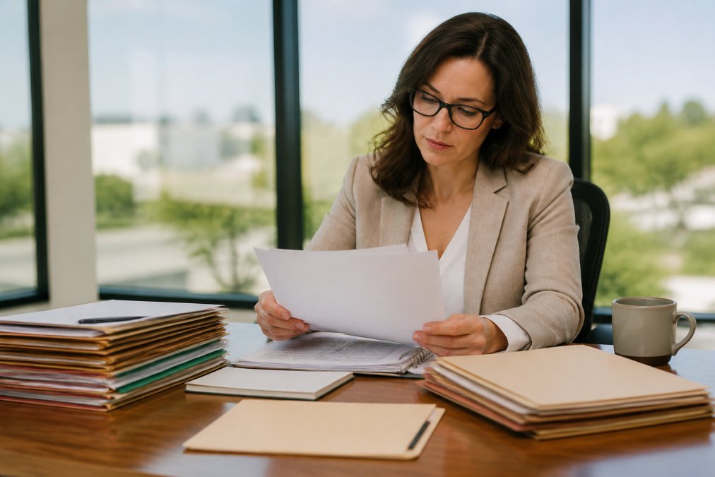 Professional healthcare practice owner reviewing legal documents and case materials at a modern office desk with natural lighting from large windows