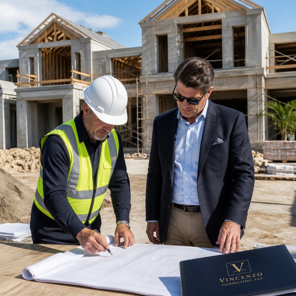 Construction manager and developer reviewing blueprints as an hcmg consulting alternative on a luxury site.