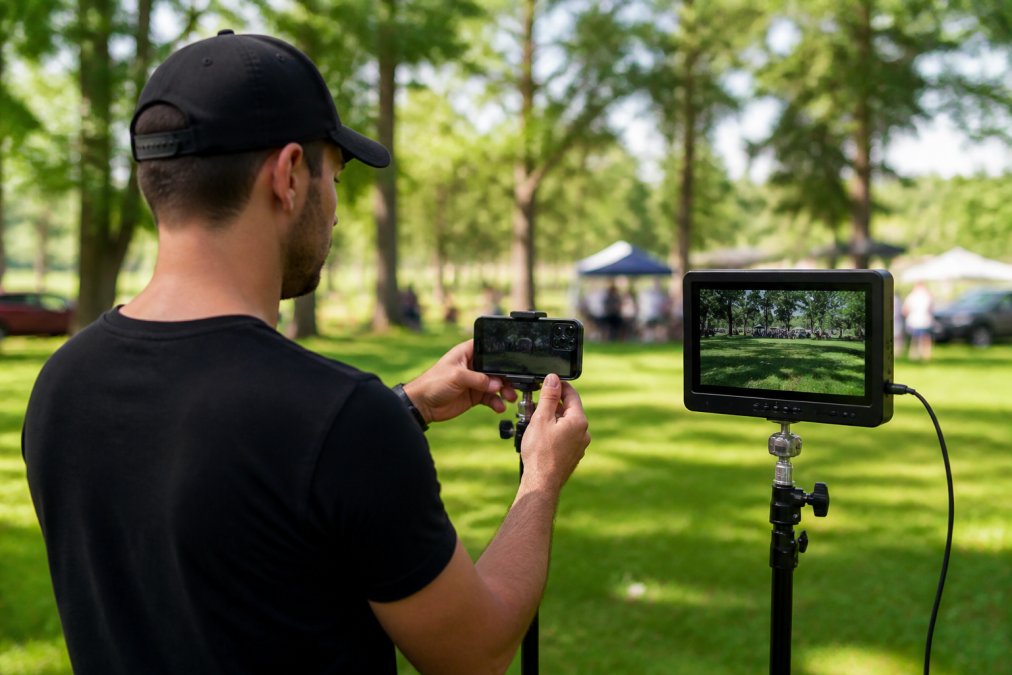 A person holding a smartphone mounted on a tripod outdoors, checking the screen while a small field monitor displays a live video feed in bright daylight