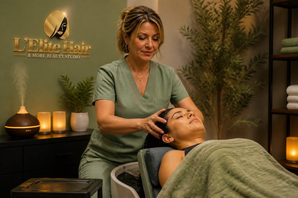 Professional performing Japanese head spa treatment on client in relaxation chair with warm ambient lighting and aromatic diffuser visible in serene spa setting