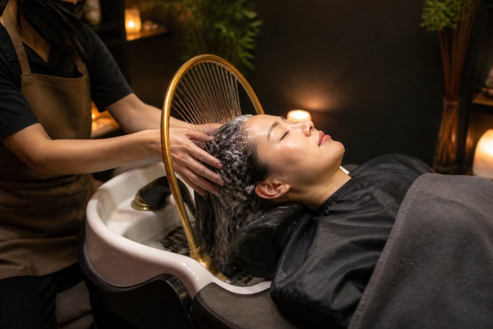 Stylist performing a relaxing scalp massage during a Japanese head spa treatment under warm water
