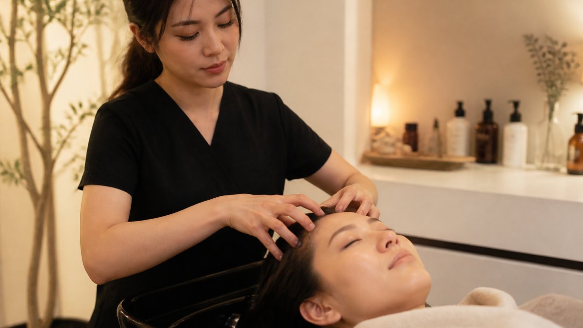 Professional therapist performing a relaxing head spa vs regular scalp massage technique in a serene setting.