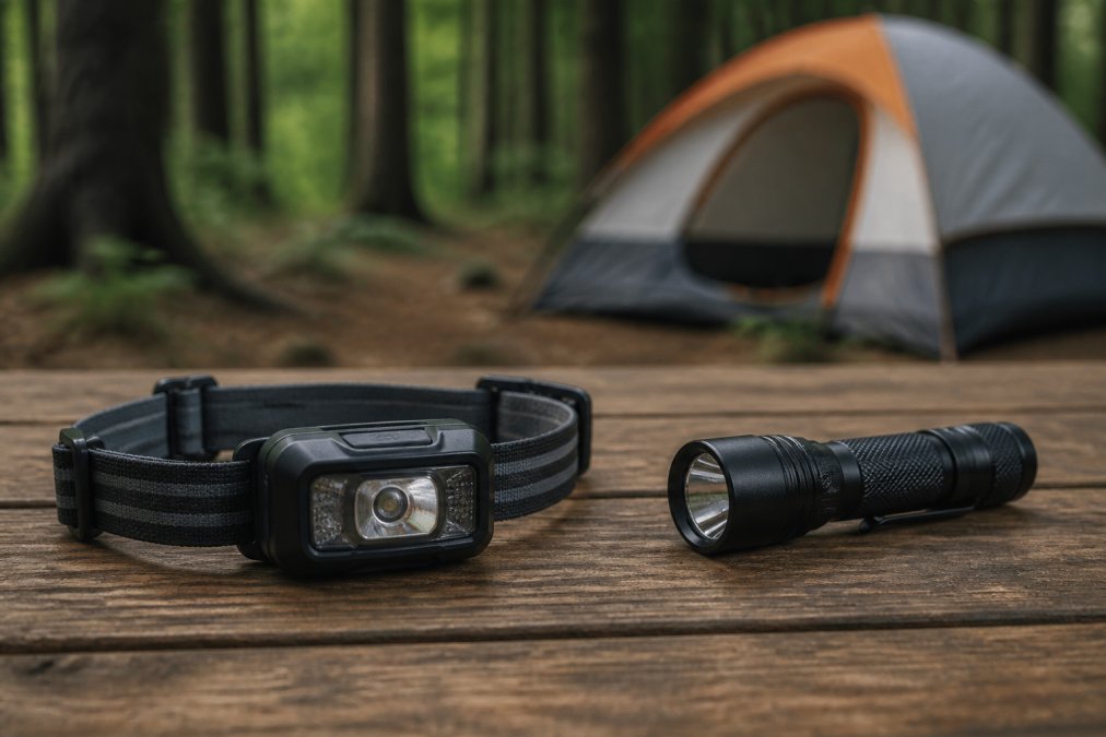 A side-by-side flat lay of a modern rechargeable headlamp and a compact high-lumen flashlight on a wooden camp table, with a tent and forest blurred in the background
