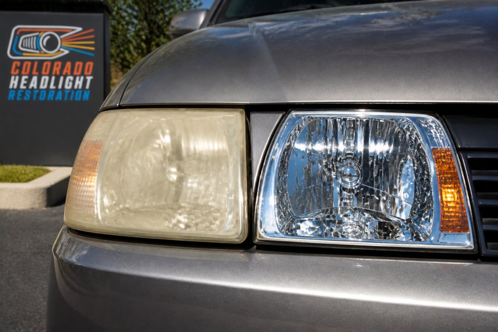 Close-up of a cloudy, yellowed headlight lens next to a clear, restored headlight showing dramatic difference in clarity and light output