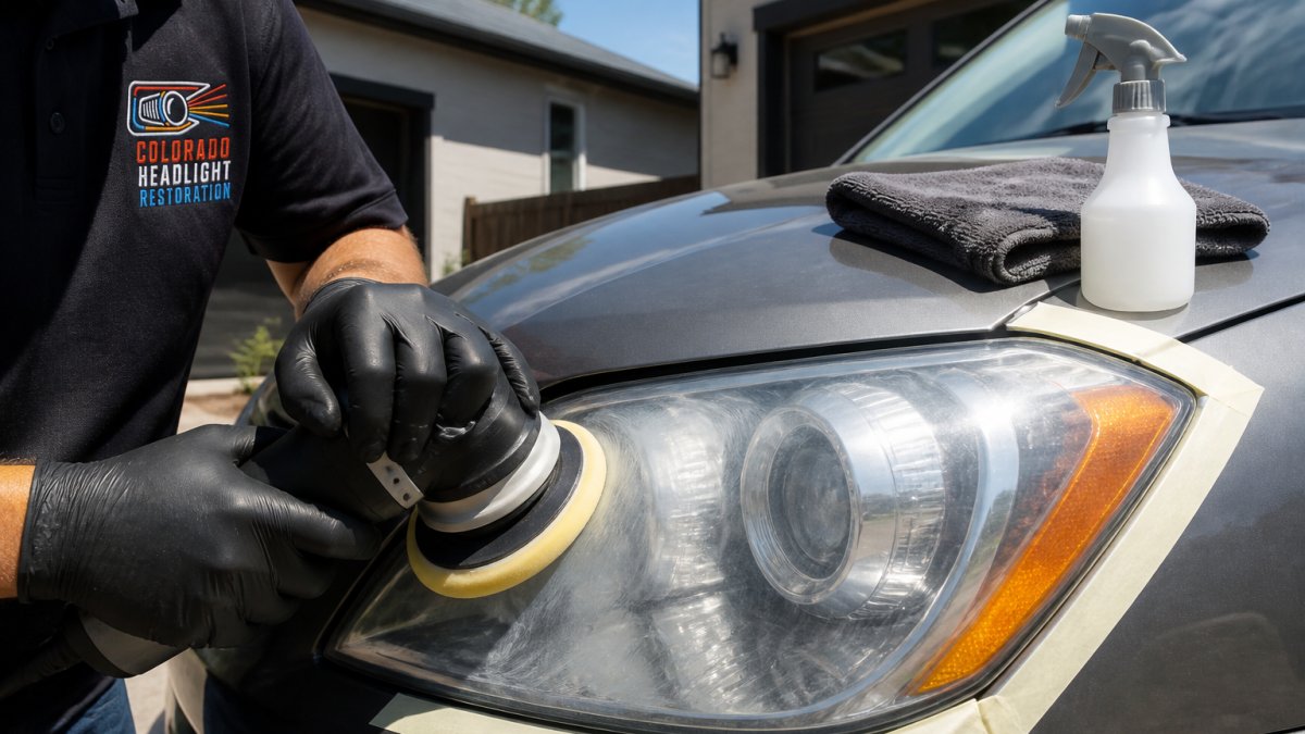 Close-up of a technician's gloved hands using a dual-action polisher on a car's headlight lens, spray bottle and microfiber cloth on the hood nearby, bright daylight in a driveway setting