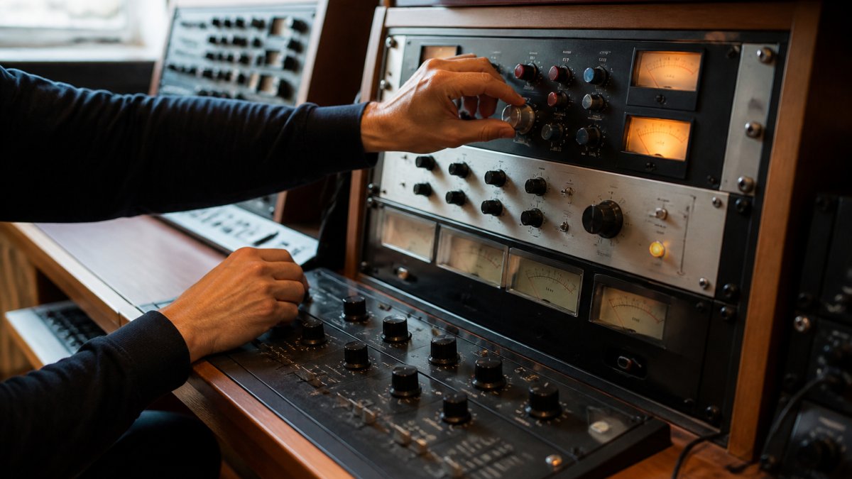 Mastering engineer adjusting analog outboard gear and metering for optimal headroom mastering signal chains