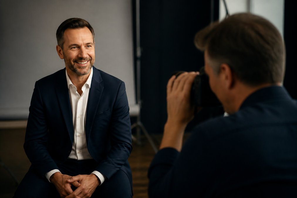 Professional wearing a well-fitted navy blazer and white shirt, posed confidently for a corporate headshot against a clean neutral background with soft studio lighting highlighting facial features