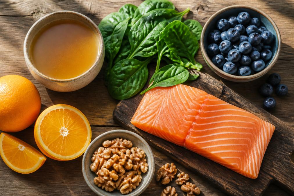 Overhead flat lay of colorful anti-inflammatory foods including wild salmon fillet, bone broth in a ceramic bowl, fresh spinach, blueberries, walnuts, and orange slices arranged on a natural wood surface with soft morning light