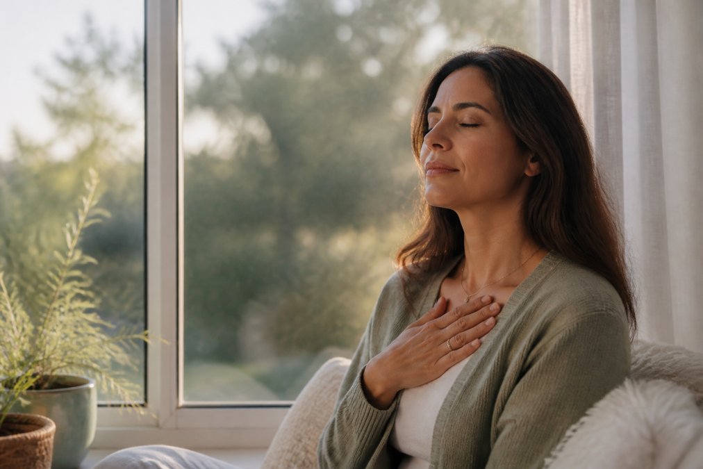 Woman practicing a grounding technique by a window to support healing emotional patterns during a quiet morning
