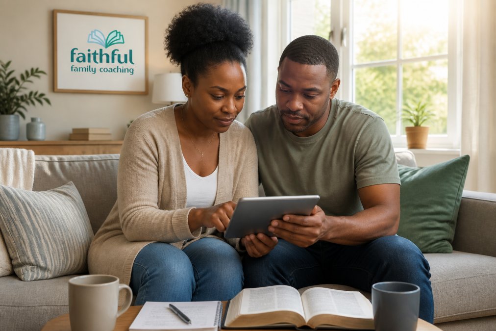 A Christian couple sitting together on a couch in their living room, holding hands and reviewing a budget plan on a tablet together, warm natural light coming through a window, peaceful and intentional atmosphere