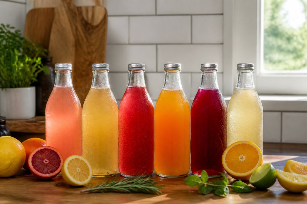 Chilled bottles of fruit shrub soda as a Health-Ade alternative for lower sugar with fresh citrus and herbs.