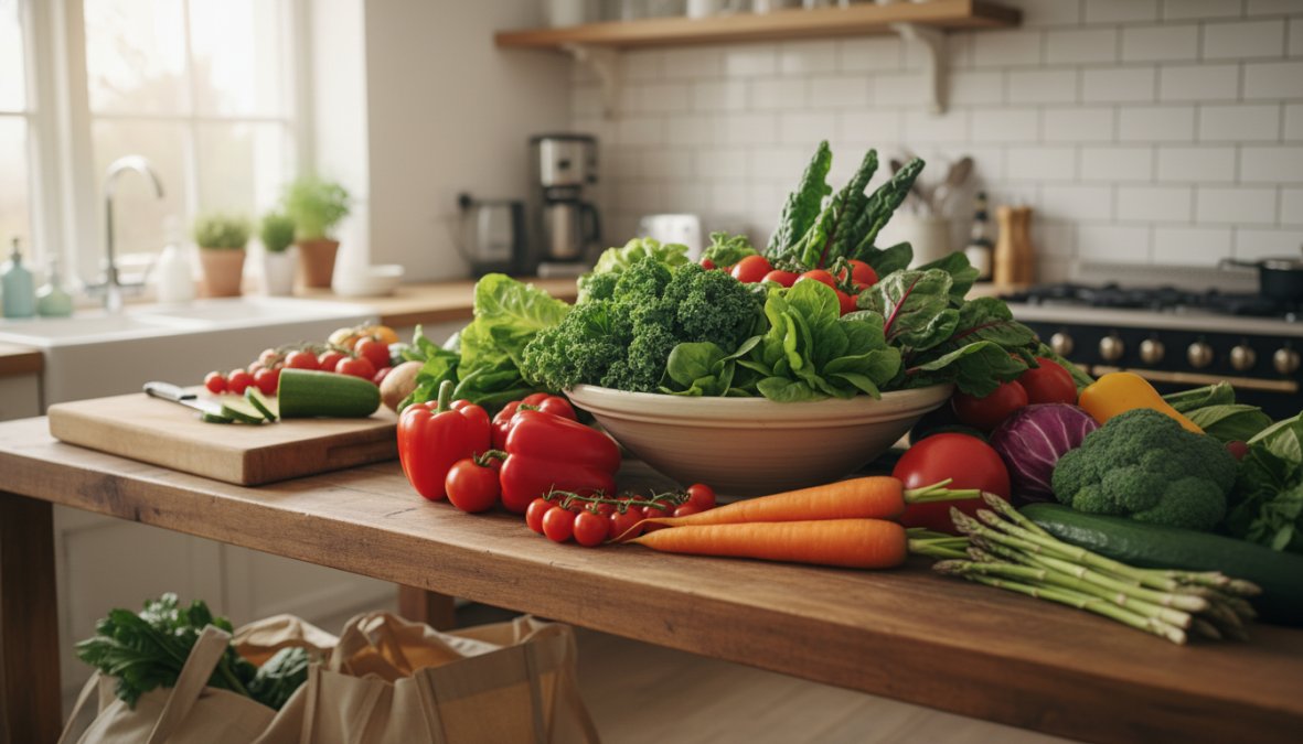 A person preparing a nourishing meal in a bright modern kitchen, with colorful fresh vegetables arranged on a wooden cutting board, a glass of water nearby, and a fitness tracker visible on the counter, warm natural light coming through a window